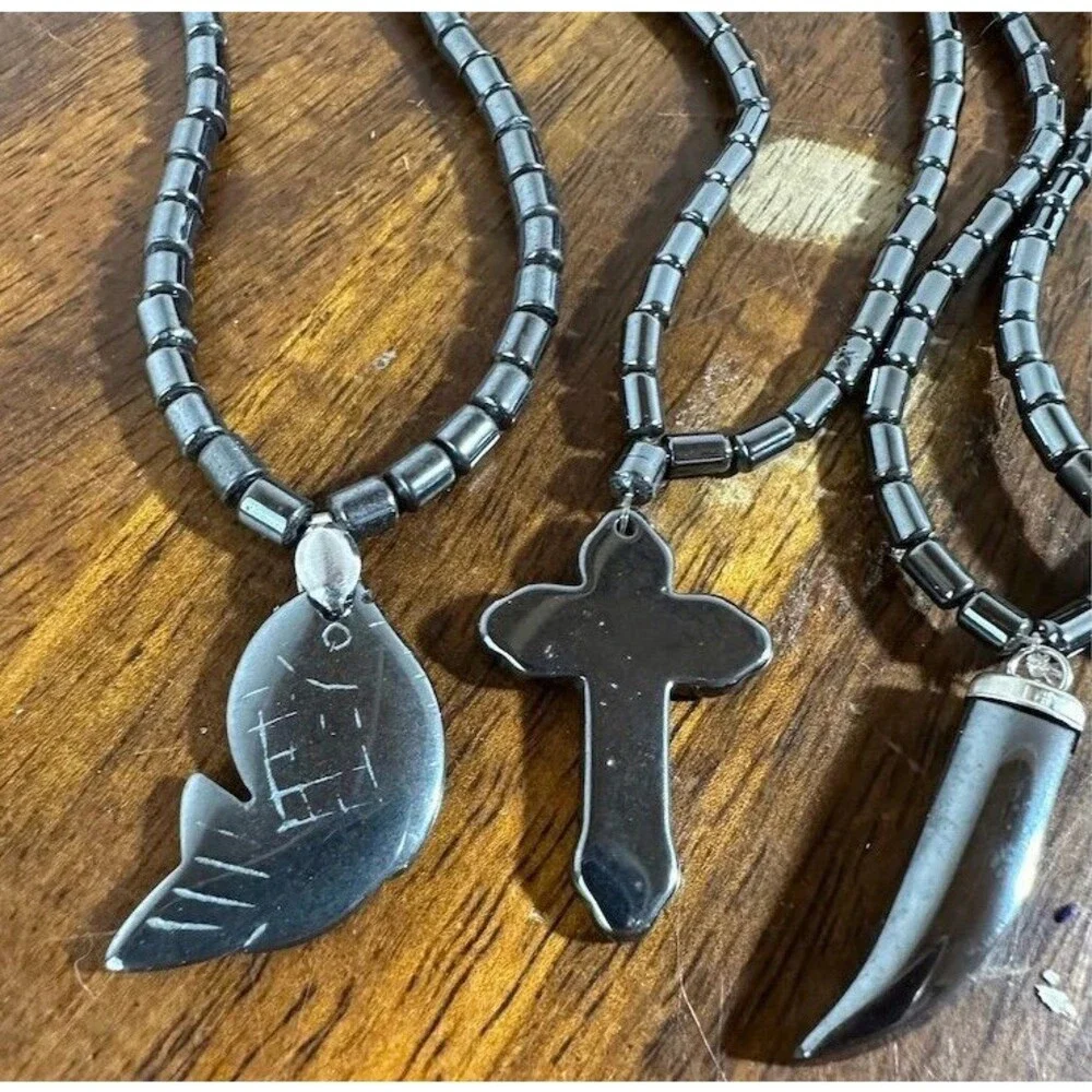 6Pc Hematite Stone Pendant Necklace Lot Fish Cross Anchor Horn Sun Heart